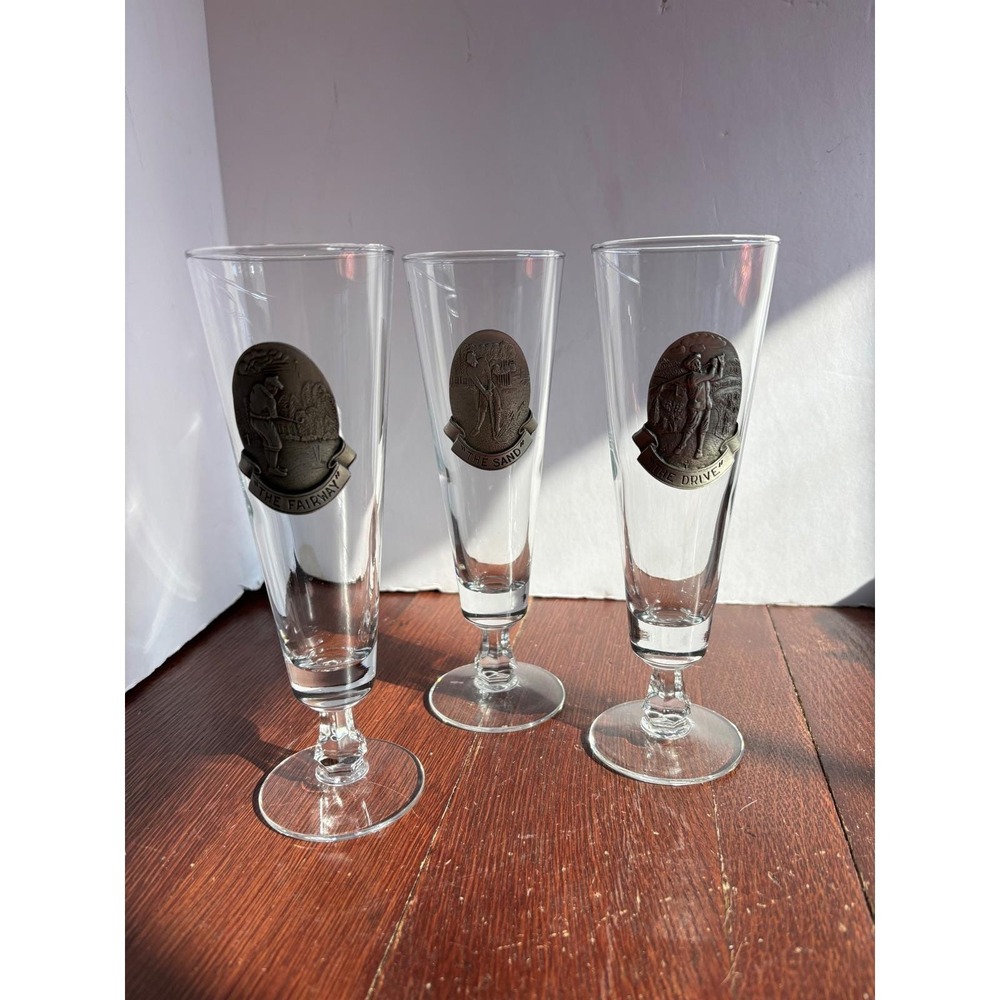 Vintage Fort‎ Pewter Golf Pilsner Glasses Set of 3 The Drive Fairway Sand 8.5"